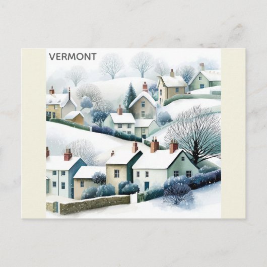 Vermont Snowy Winter Village Travel Illustration ポストカード (正面)