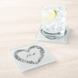 Verre trempé en forme de cœur floral noir et blanc ガラスコースター