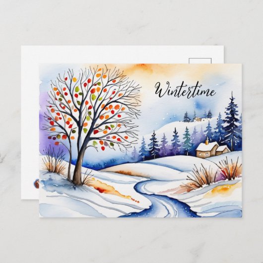 Verschneite Landschaft - Haus am Waldrand | ポストカード (正面/裏面)