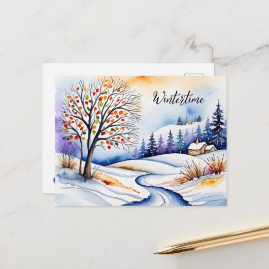 Verschneite Landschaft - Haus am Waldrand | ポストカード (正面/裏面インサイチュ)