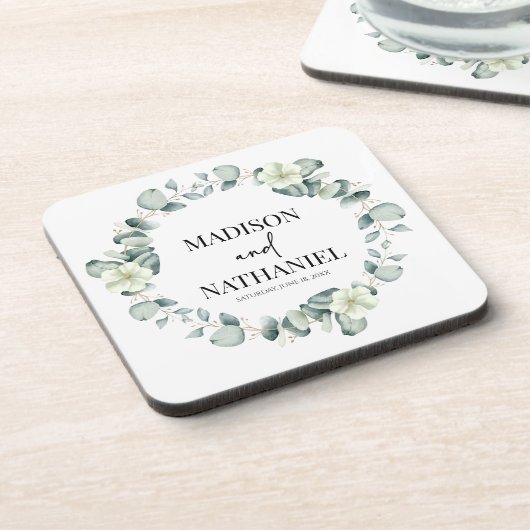 Vert Eucalyptus Feuilles Verdure Botanique Mariage コースター (左側)