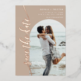 Vertical Arch Photo Taupe Save the Date 箔招待状