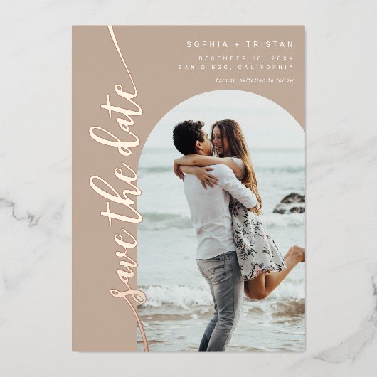 Vertical Arch Photo Taupe Save the Date 箔招待状 (正面)