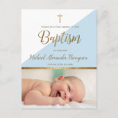 Vertical Blue男の赤ちゃん写真バプテスマありがとう ポストカード (正面)