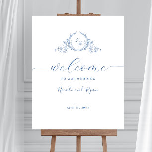 Vertical Blue Monogramの結婚Welcome Sign ポスター