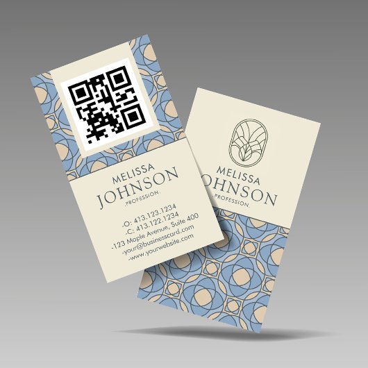 Vertical Blue Zen Pattern QR Code Business Card 名刺