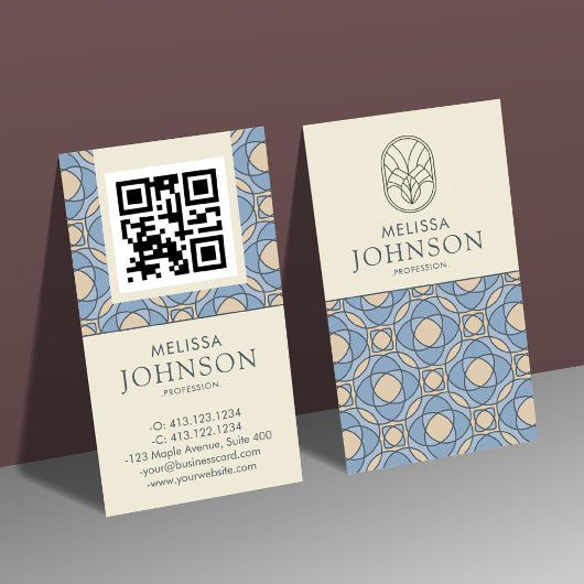 Vertical Blue Zen Pattern QR Code Business Card 名刺