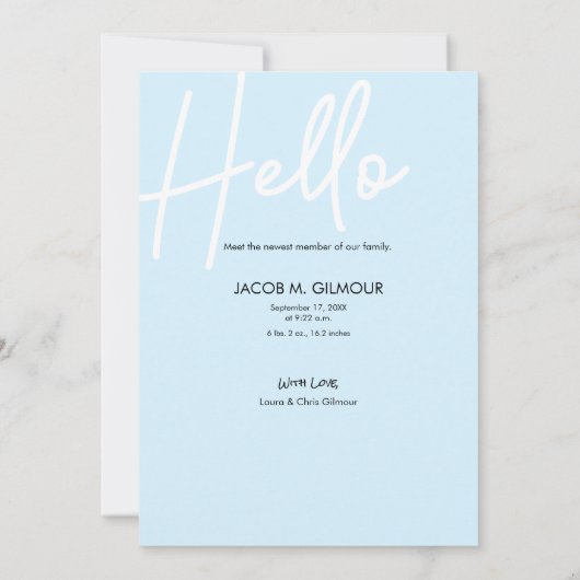 Vertical Photo Blue Hello Script男の赤ちゃん誕生 案内状 (裏面)