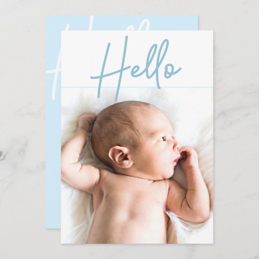 Vertical Photo Blue Hello Script男の赤ちゃん誕生 案内状 (正面/裏面)