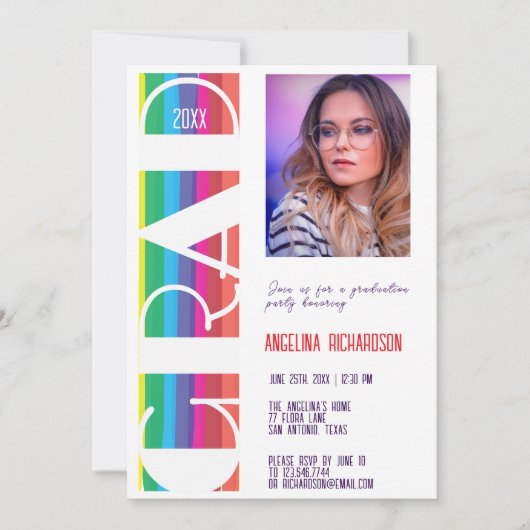 Vertical Rainbow GRAD Year Graduation photo 案内状 (正面)