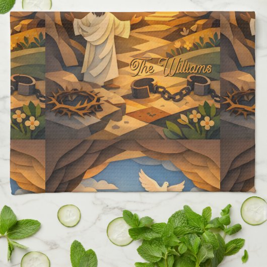 Vertical Risen Jesus Empty Tomb 3D Papercut Easter キッチンタオル (折り畳み)