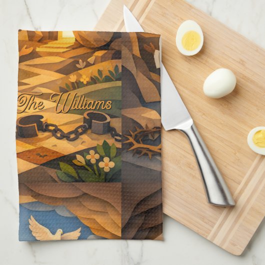 Vertical Risen Jesus Empty Tomb 3D Papercut Easter キッチンタオル (四つ折り)