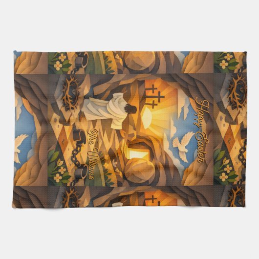 Vertical Risen Jesus Empty Tomb 3D Papercut Easter キッチンタオル (横)