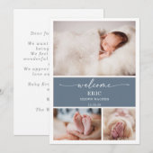  Vertical Slate Blue Photo Baby Announcement Card 招待状 (正面/裏面)