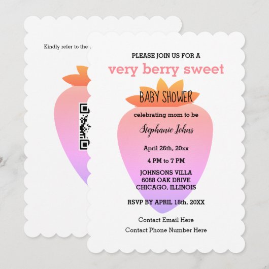 Very Berry Sweet QR Code Strawberry Baby Shower 招待状 (正面/裏面)