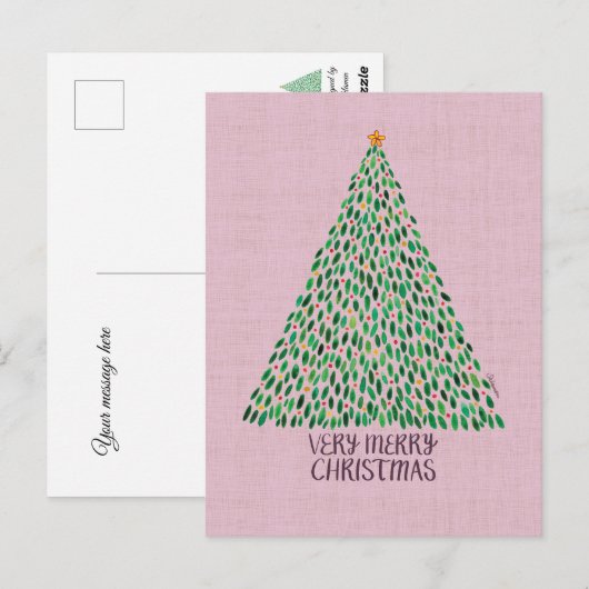 Very Merry Christmas Tree on Pink Postcard ポストカード (正面/裏面)