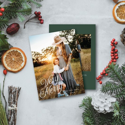 Very Merry Elegant Script Vertical Two Photo  シーズンカード