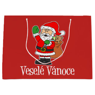 Vesele Vanoceチェコサンタの休日の赤 ラージペーパーバッグ
