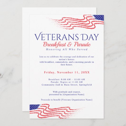 Veterans Day Breakfast Parade Patriotic 招待状 (正面/裏面)