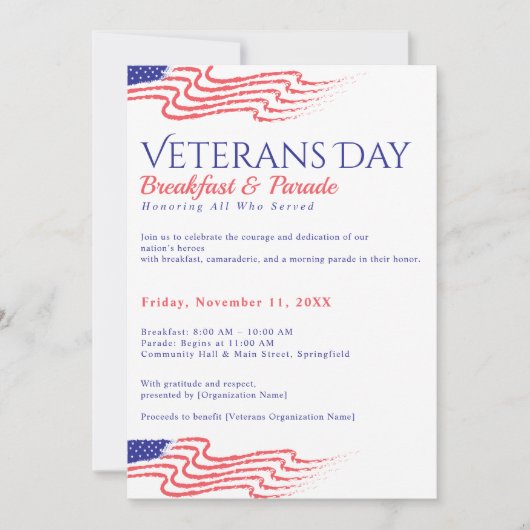 Veterans Day Breakfast Patriotic Parade Fundraiser 招待状 (正面)