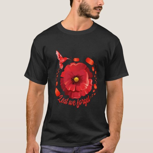 Veterans Day Lest We Forget 赤いポピー花 アメリカ Tシャツ (正面)