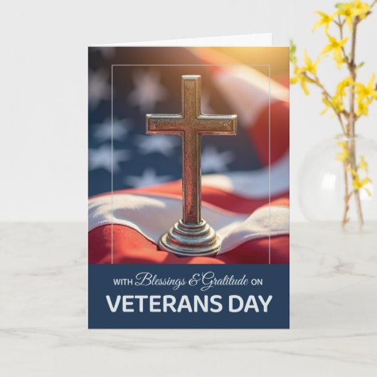 Veterans Day Religious Faith Gratitude Cross Flag カード (黄色い花)