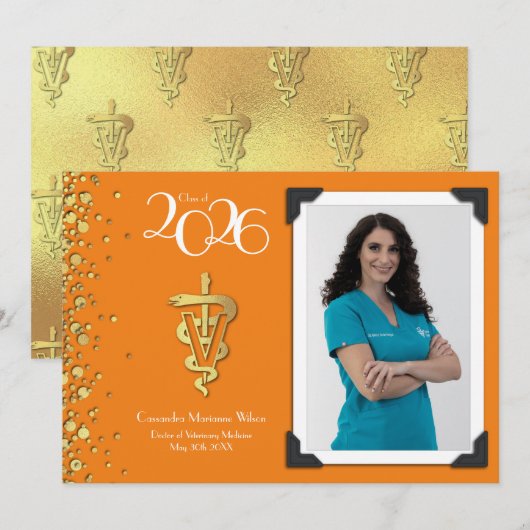 Veterinarian Graduation Orange Gold Announcement 招待状 (正面/裏面)