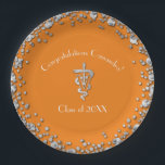 Veterinarian Graduation Orange Silver ペーパープレート<br><div class="desc">Celebrate the new graduate from veterinarian school with this silver and orange vet caduceus graduation design!  Elegant with silver confetti accents!  Perfect for anyone graduating as a vet with their doctor of veterinary medicine of DVM,  or VMD degree.</div>
