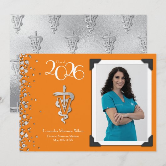 Veterinarian Graduation Orange Silver Announcement 招待状 (正面/裏面)