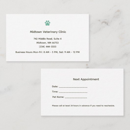 Veterinary Clinic Appointment Reminder Card 予約カード (正面/裏面)