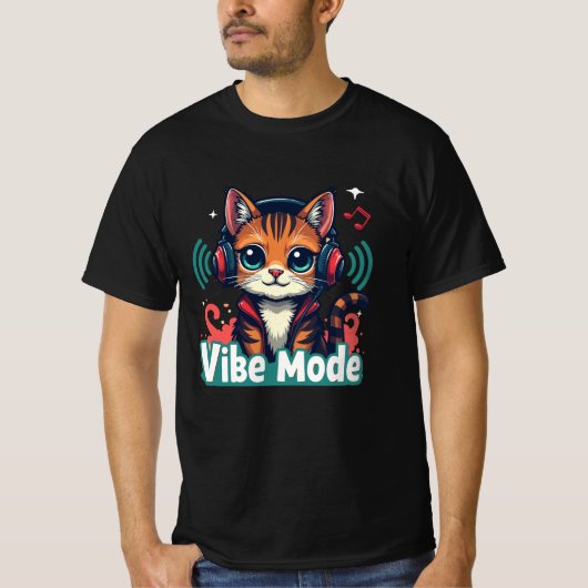 Vibe Mode" かわいいキャラクター猫Tシャツ | Tシャツ (正面)