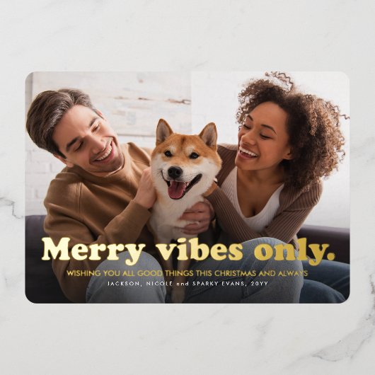 vibesのみメリーおもしろいレトロ1枚の写真クリスマス 箔シーズンカード (正面)