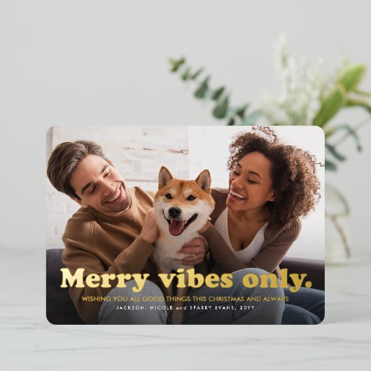 vibesのみメリーおもしろいレトロ1枚の写真クリスマス 箔シーズンカード (立ち正面)