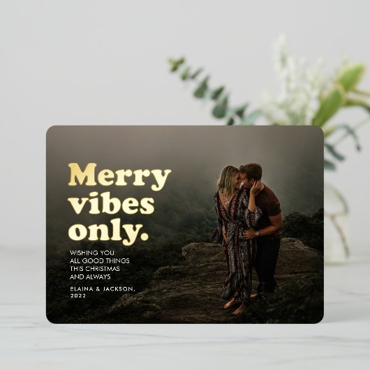 vibesのみメリーおもしろいレトロ1枚の写真クリスマス 箔シーズンカード (立ち正面)