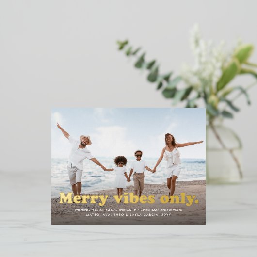 vibesのみメリーおもしろいレトロ1枚の写真クリスマス 箔シーズンポストカード (立ち正面)