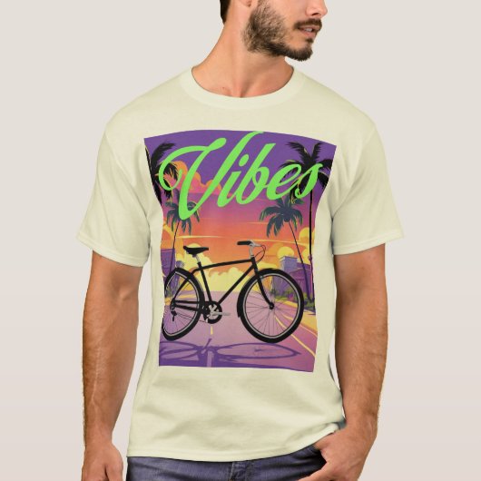 "Vibes"レトロ自転車サンセットシティ Tシャツ (正面)