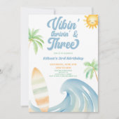 Vibin Thrivin & Three サーフブルー 3歳のバースデーパーティー 招待状 (正面)