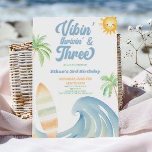 Vibin Thrivin & Three サーフブルー 3歳のバースデーパーティー 招待状