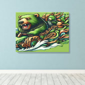 Vibra 16x20で緑の車に乗るアニメベア キャンバスプリント (インサイチュ (ウッドフロア))
