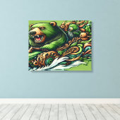 Vibra 18x24で緑の車に乗るアニメベア キャンバスプリント (インサイチュ (ウッドフロア))