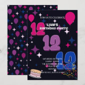 Vibrant 12th Birthday | Pink Blue Confetti 招待状 (正面/裏面)