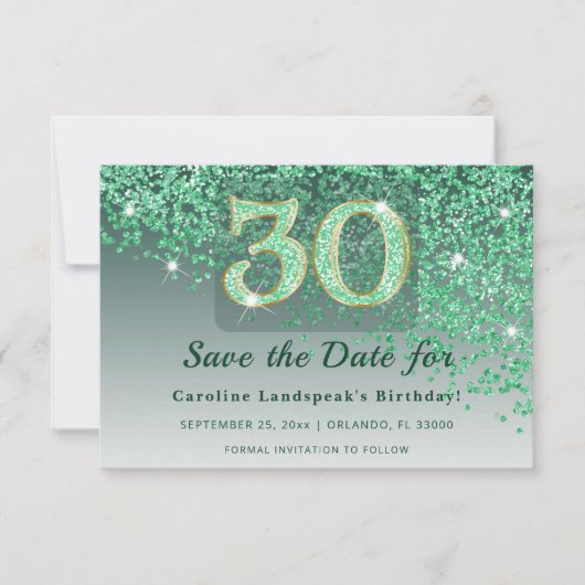 Vibrant 30 Birthday Emerald Green Glitter Frosted セーブザデート (正面)