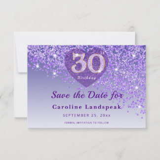 Vibrant 30th Birthday Purple Glitter Frosted Heart セーブザデート