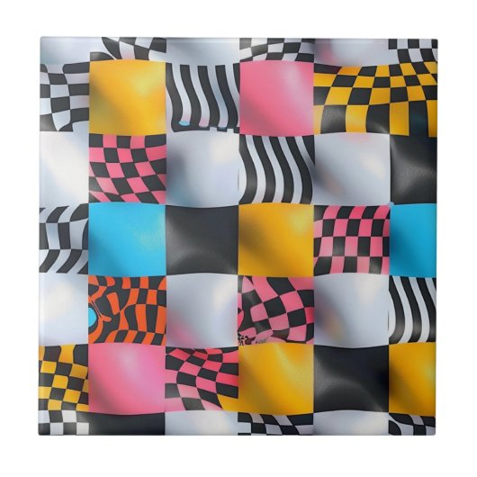 Vibrant 3D Checkerboard – Playful Retro Pop タイル (正面)