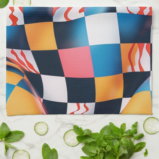 Vibrant 3D Fabric Ripple Checkerboard Pattern キッチンタオル (折り畳み)