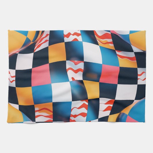 Vibrant 3D Fabric Ripple Checkerboard Pattern キッチンタオル (横)