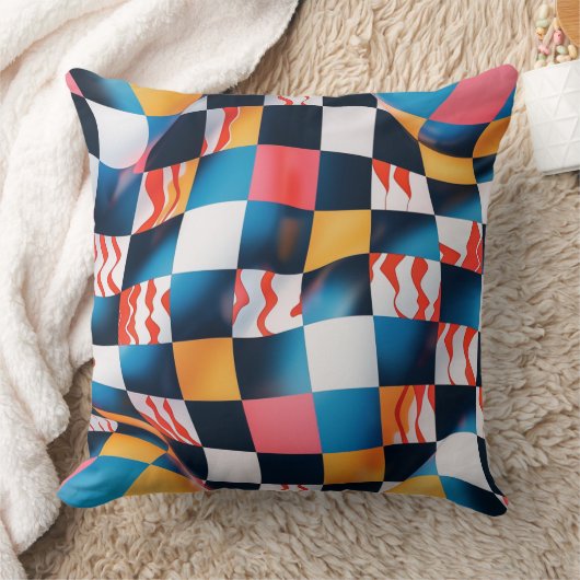 Vibrant 3D Fabric Ripple Checkerboard Pattern クッション (ブランケット)