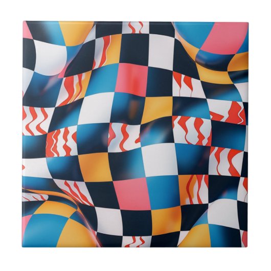 Vibrant 3D Fabric Ripple Checkerboard Pattern タイル (正面)