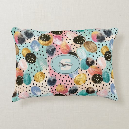 Vibrant Abstract Brushstroke & Polka Dot Pattern アクセントクッション (正面)