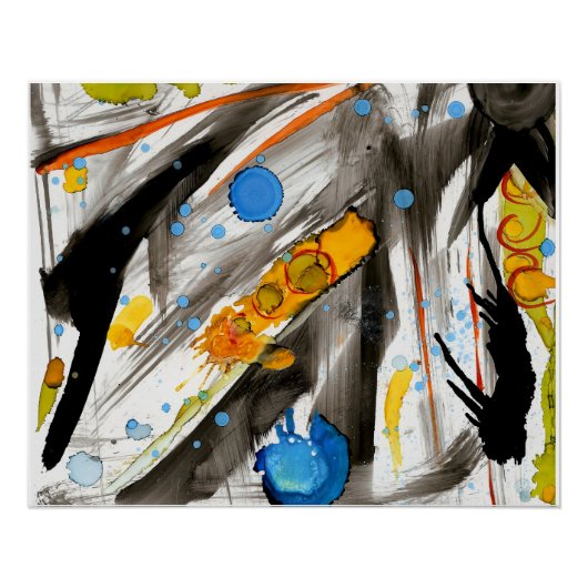 Vibrant Abstract Brushstrokes – Blue Orange Yellow ポスター (正面)